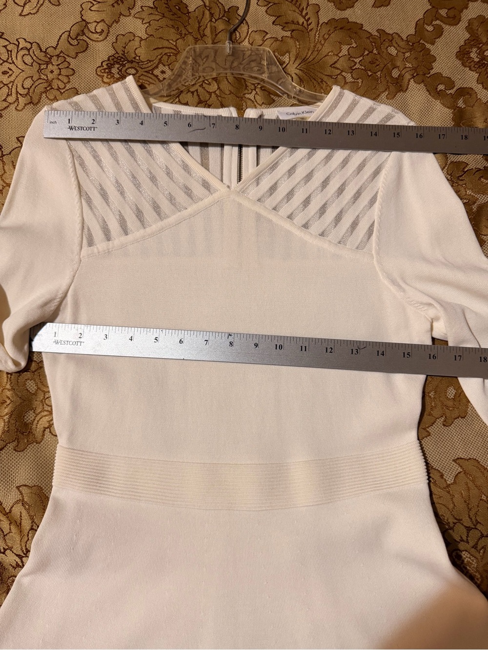 Calvin Klein Ivory Long-Sleeve Knit Fit & Flare Dress with Sheer details, Sz M - Picture 14 of 16